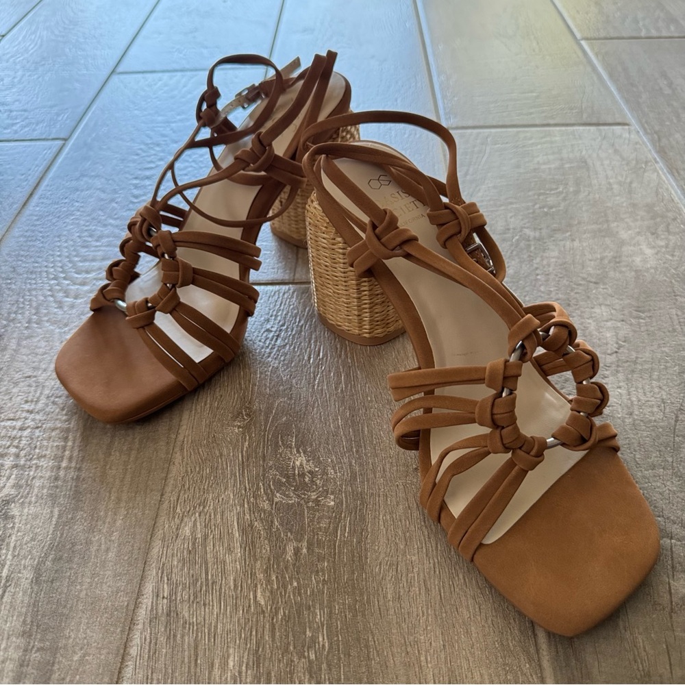 Koko Tan Strappy Straw Block Heels - Picture 2 of 12
